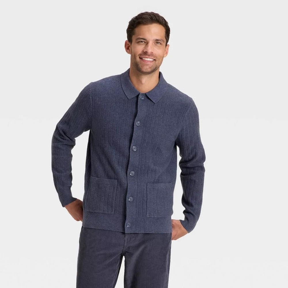 Goodfellow & Co Mens Blue Ribbed‎ Button Front Cardigan Sweater Polo Collar S